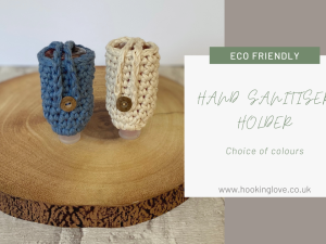 Cream & Storm Blue Button on Anti Bacterial Gel Holder fastened on a wooden disc